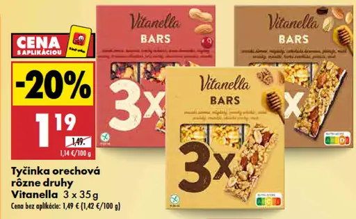 Orechová tyčinka Vitanella Bars, rôzne druhy