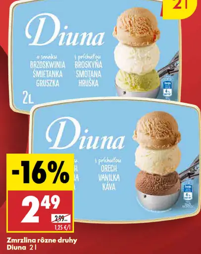 Diuna zmrzlina, rôzne druhy: broskyňa-smotana-hruška; orech-vanilka-káva