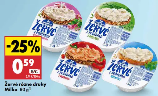Milko Žervé rôzne druhy z podbradia: s bylinkami, s paprikou, s pažítkou, s kôprom