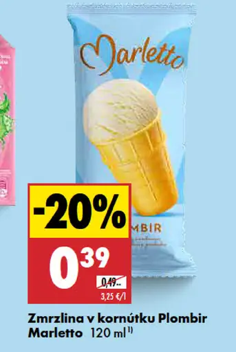 Marletto Plombir Zmrzlina v kornútku
