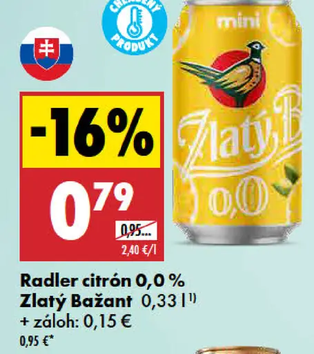 Zlatý Bažant radler citrón 0,0 %