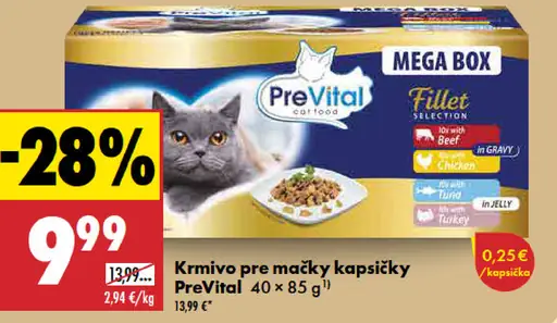 PreVital krmivo pre mačky kapsičky, Filet Selection – hovädzie v omáčke, kuracie v omáčke, ryba v želé a morčacie v želé