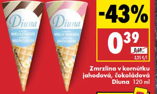 Zmrzlina v kornútku jahodová, čokoládová Diuna