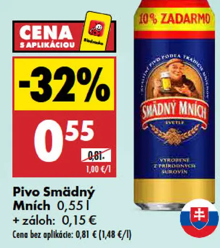 Smädný Mních; cena s aplikáciou 0,55 €, cena bez aplikácie 0,81 €; plechovka