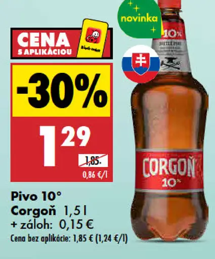 Corgoň 10°; cena s aplikáciou 1,29 €, cena bez aplikácie 1,85 €