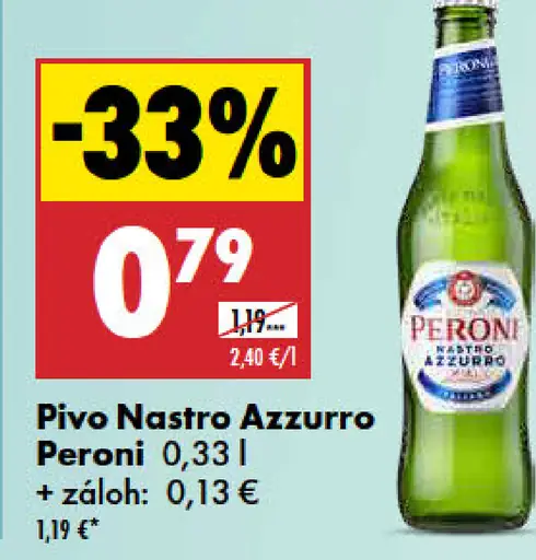 Peroni Nastro Azzurro; cena s aplikáciou 0,79 €, cena bez aplikácie 1,19 €