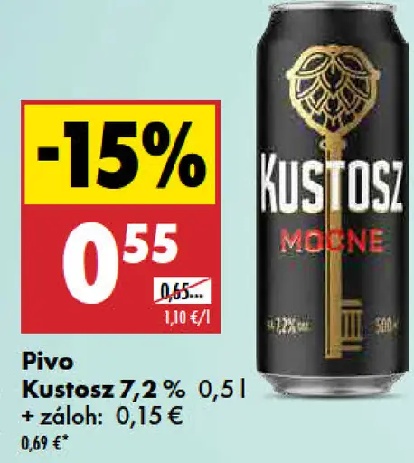 Kustosz 7,2 %; cena s aplikáciou 0,55 €, cena bez aplikácie 0,65 €; plechovka