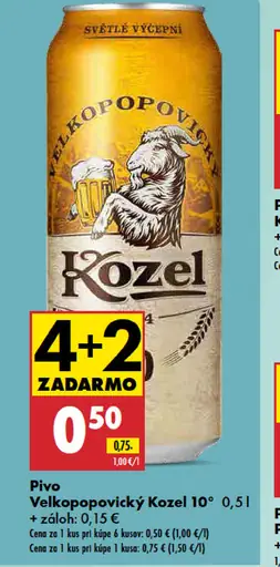 Velkopopovický Kozel 10° plechovka; cena pri kúpe 6 kusov 0,50 €, cena pri kúpe 1 kusu 0,75 €