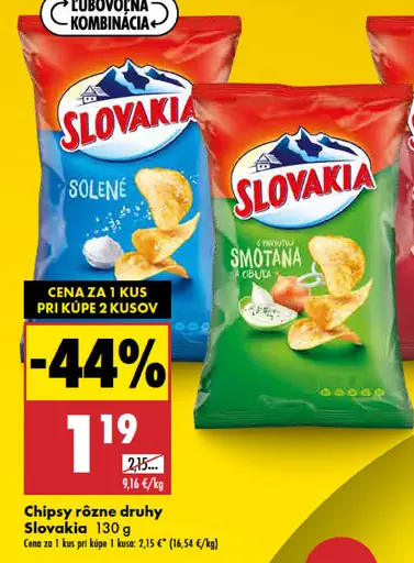 Slovakia chipsy rôzne druhy: solené, smotana a cibuľa, slanina, paprika