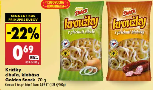 Golden Snack krúžky s príchuťou cibule; Golden Snack krúžky s príchuťou klobásy