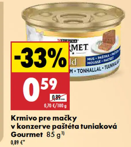 Gourmet krmivo pre mačky paštéta tuniaková v konzerve