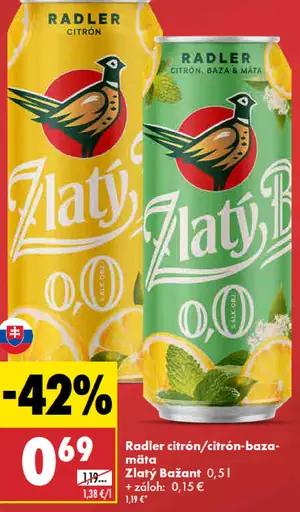 Zlatý Bažant radler citrón, baza a mäta