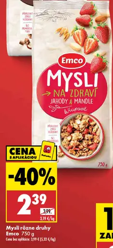 Emco müsli na zdravie, rôzne druhy: čokoláda a orechy; jahody a mandle