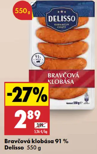 Delisso bravčová klobása 91 % mäsa