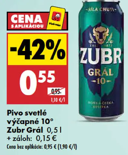 Zubr Grál 10° svetlé výčapné pivo plechovka