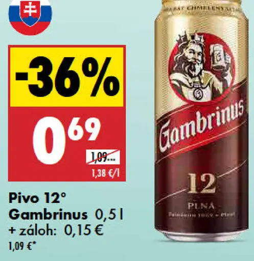 Pivo 12° Gambrinus Plná plechovka