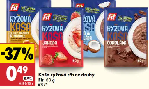 Fit Kaša ryžová rôzne druhy: mandľová, jahodová, kokosová, čokoládová