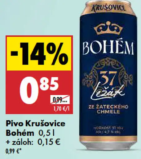 Krušovice Bohém pivo ležák plechovka