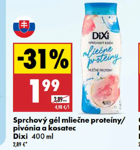 Sprchový gél Dixi, mliečne proteíny, pivónia a kosatec