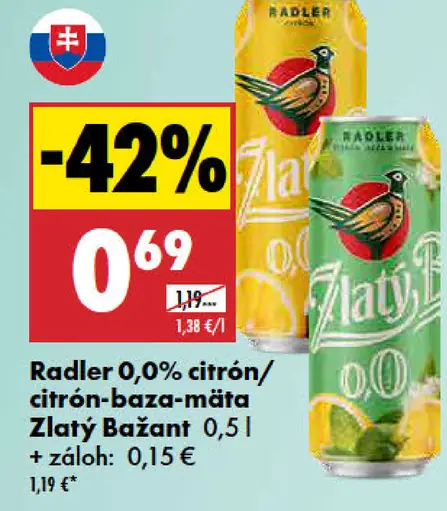 Zlatý Bažant Radler 0,0 % citrón, mäta limetka plechovka rôzne druhy