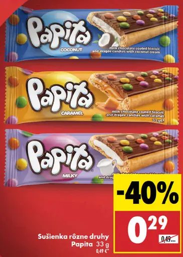 Papita – rôzne druhy: Coconut, Caramel a Milky