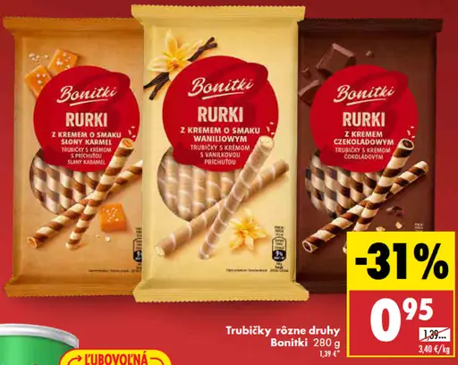 Bonitki Rurki – rôzne druhy: s krémom s príchuťou slaný karamel, vanilka a čokoláda