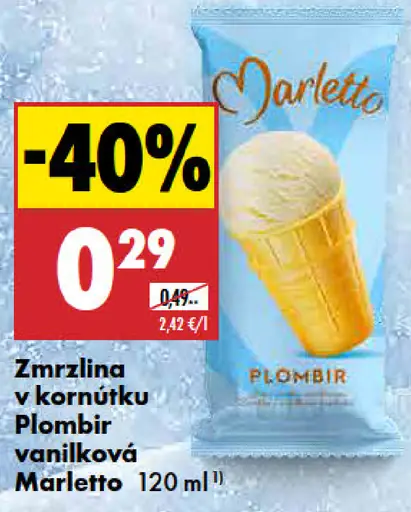 Marletto zmrzlina v kornútku Plombir vanilková