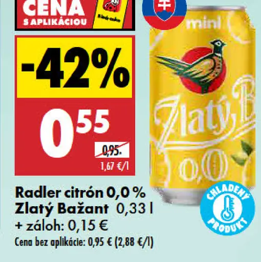Radler citrón 0,0 % Zlatý Bažant plechovka