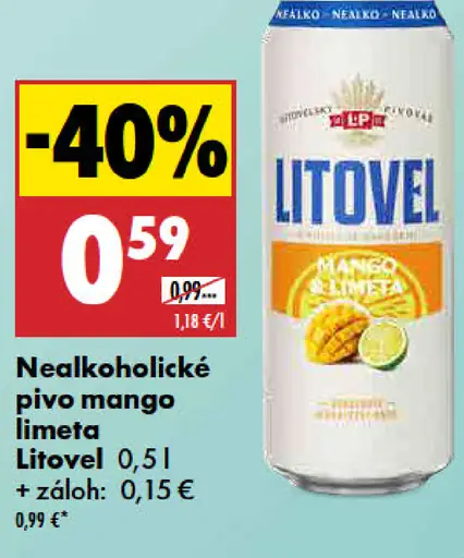 Nealkoholické pivo mango limeta Litovel plechovka