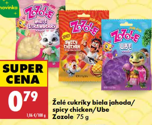 Želé cukríky Zozole, varianty Biela jahoda, Spicy Chicken a Ube