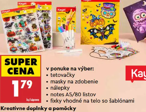 Kayet kreatívne doplnky a pomôcky – tetovačky, masky na zdobenie, nálepky, notesy A5/80 listov, fixky vhodné na telo so šablóna…