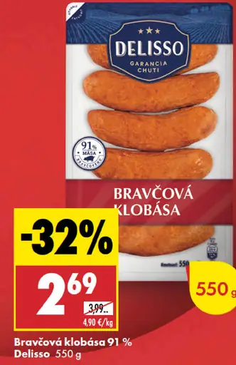 Delisso bravčová klobása 91 % mäsa