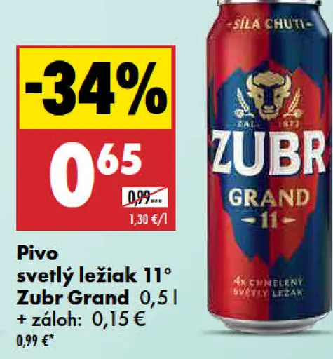 Zubr Grand svetlý ležiak 11° plechovka