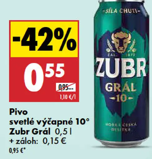 Svetlé výčapné pivo 10° Zubr Grál plechovka