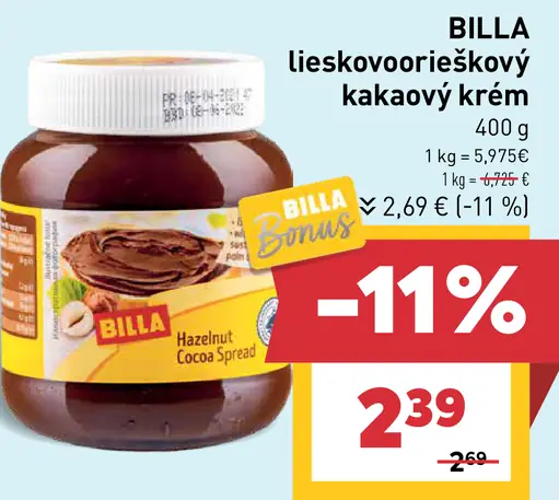 BILLA lieskovoóriškový kakaový krém