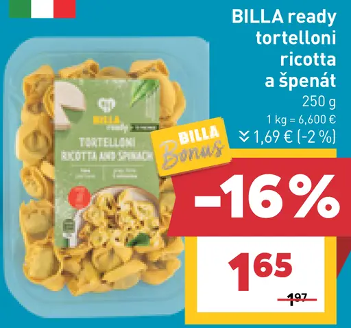 BILLA ready tortelloni ricotta a špenát