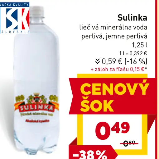 Sulinka liečivá minerálna voda perlivá, jemne perlivá