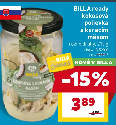 BILLA ready kokosová polievka s kuracím mäsom