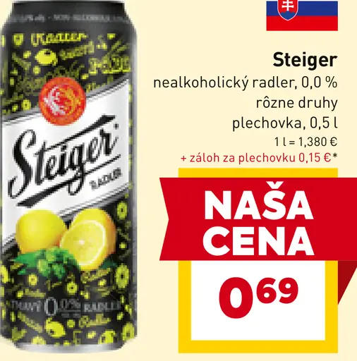 Steiger nealkoholický radler plechovka
