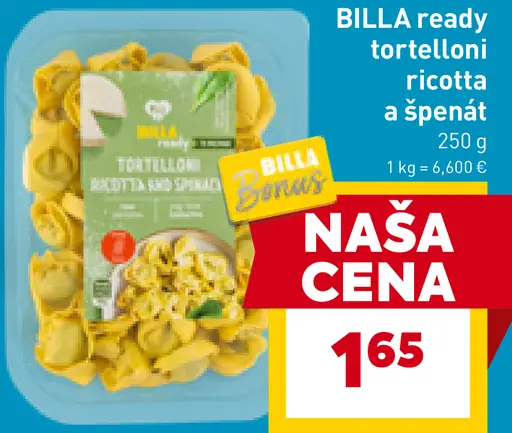 BILLA ready tortelloni ricotta a špenát