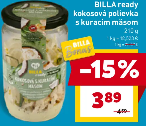BILLA ready kokosová polievka s kuracím mäsom