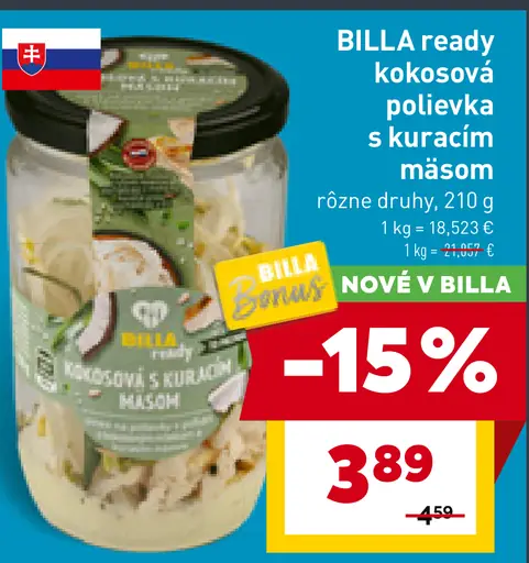 BILLA ready kokosová polievka s kuracím mäsom