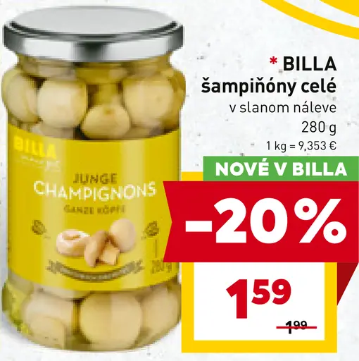 BILLA šampiňóny celé v slanom náleve