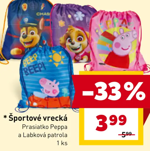 Športové vrecká Prasiatko Peppa a Labková patrola