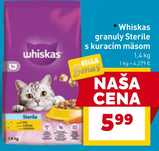 Whiskas granuly Sterile s kuracím mäsom