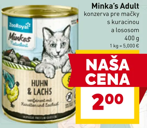 Minka's Adult konzerva pre mačky s kuracinou a lososom