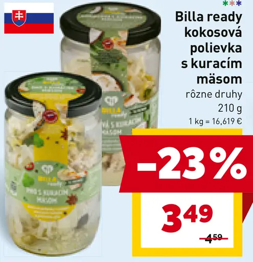 Billa ready kokosová polievka s kuracím mäso