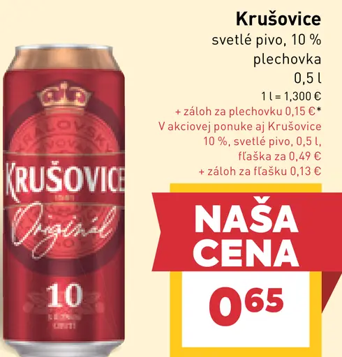 Krušovice svetlé pivo, 10 % plechovka