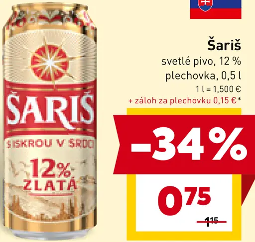 Šariš Svetlé pivo plechovka