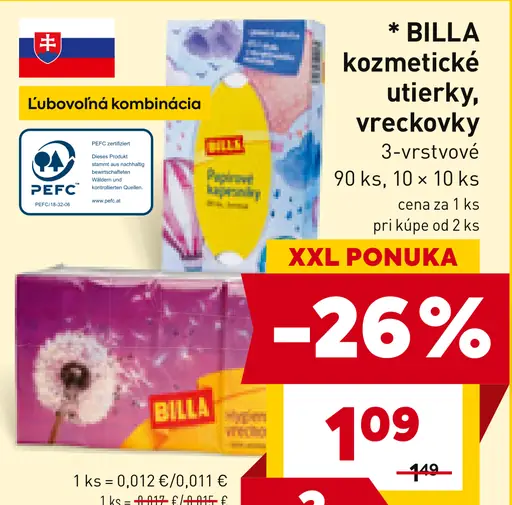 BILLA kozmetické uterky vreckovky 3-vrstvové